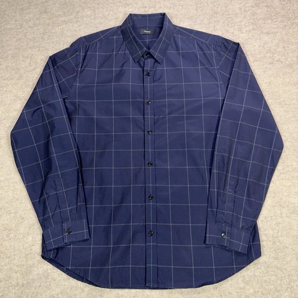 Theory Other - Theory Clean Placket Shirt Mens XL Navy Blue Mouline Grid Cotton Button Up